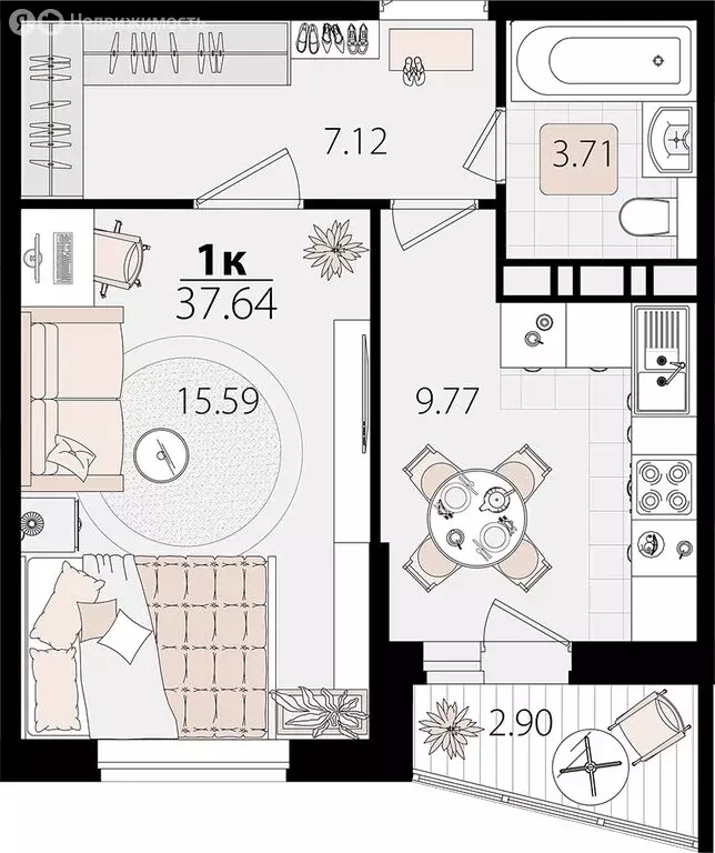 1-комнатная квартира: Яблоновский, Луговая улица, 7/6 (37.15 м) - Фото 0