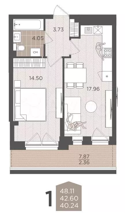 1-к. квартира, 48,1 м, 2/9 эт. - Фото 1