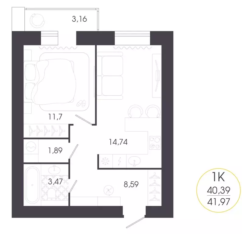 Квартира, 1 комната, 41.97 м - Фото 1