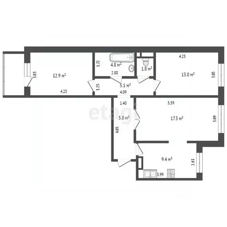 3-к кв. Хабаровский край, Хабаровск Марсовая ул., 3 (60.6 м) - Фото 2