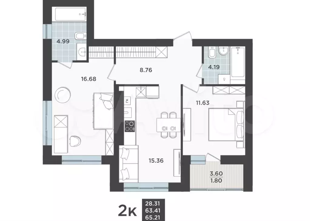 2-к. квартира, 63,4 м, 4/9 эт. - Фото 1