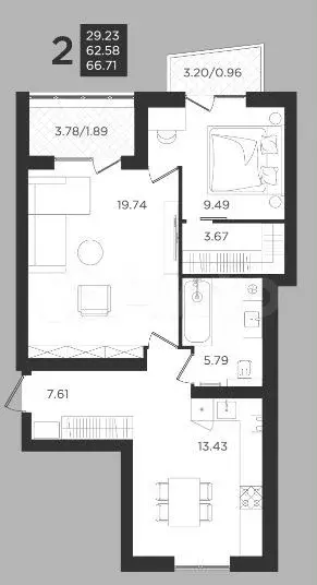 2-к. квартира, 62,6 м, 3/4 эт. - Фото 0