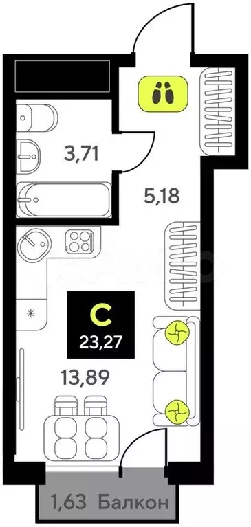 Квартира-студия, 23,3 м, 12/14 эт. - Фото 1