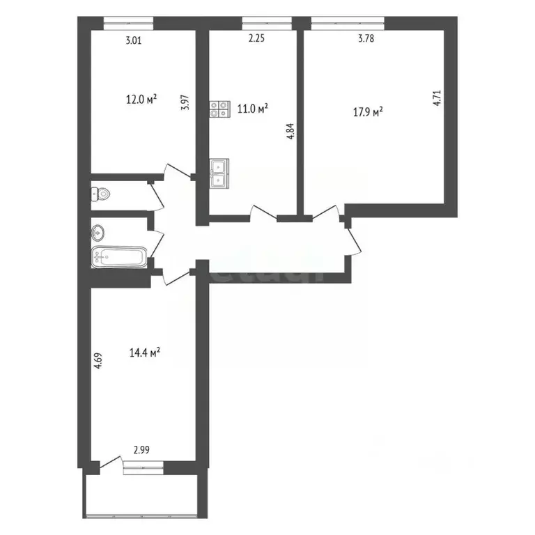 3-к кв. Москва Бакунинская ул., 62-68С1 (65.8 м) - Фото 2