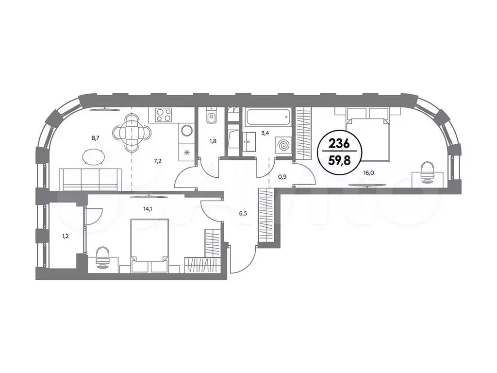 2-к. квартира, 60 м, 14/23 эт. - Фото 0