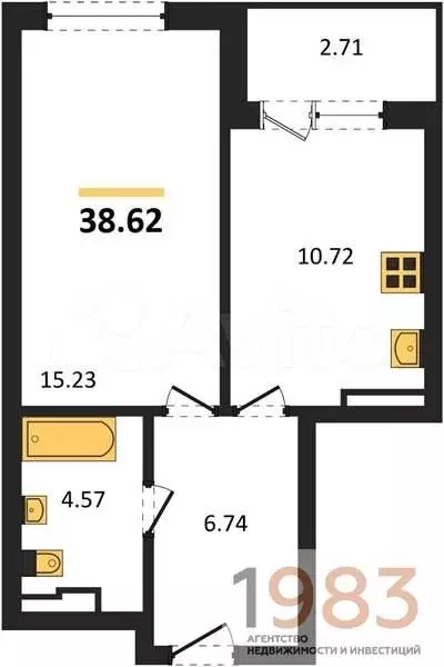 1-к. квартира, 38,6 м, 3/24 эт. - Фото 0