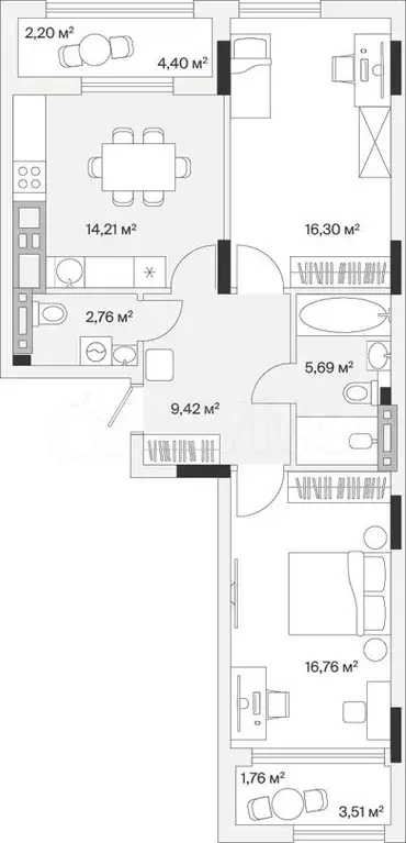 2-к. квартира, 69,1 м, 3/7 эт. - Фото 0