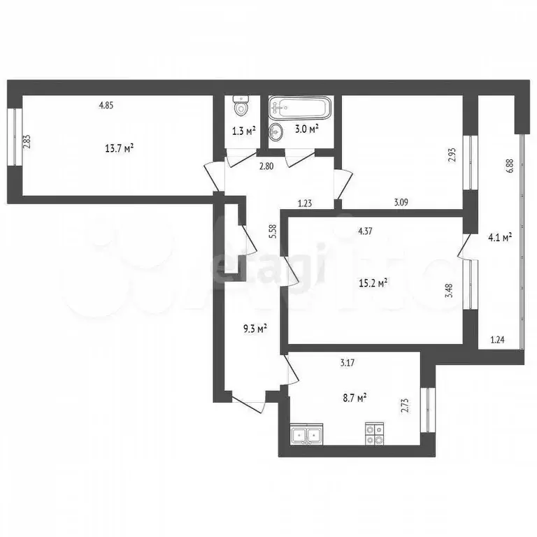 3-к. квартира, 61,1 м, 2/9 эт. - Фото 0
