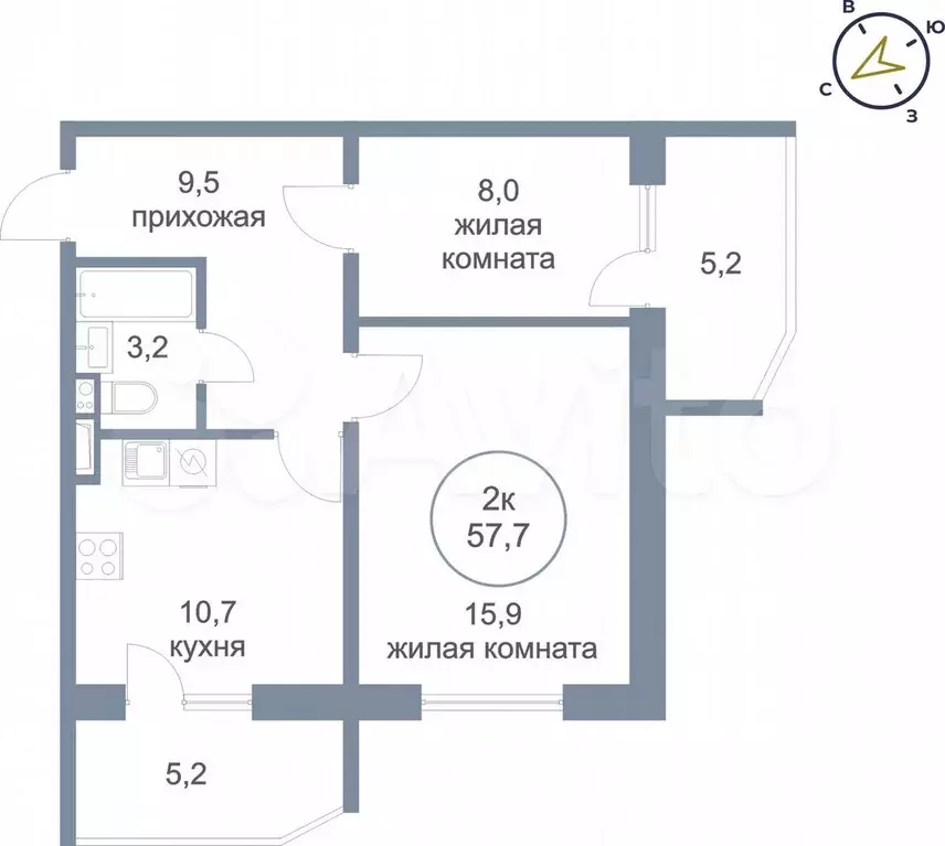 2-к. квартира, 57,7 м, 15/25 эт. - Фото 0