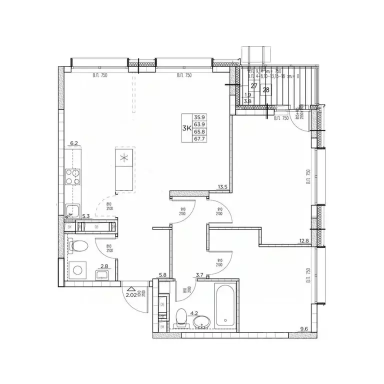 3-к кв. Приморский край, Владивосток ул. Расула Гамзатова, 7к1 (67.7 ... - Фото 2