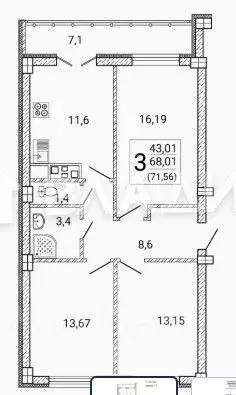 3-к кв. Воронежская область, Воронеж Цимлянская ул., 10В (71.4 м) - Фото 2