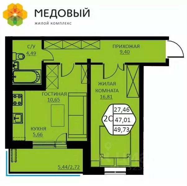 2-к кв. Пермский край, д. Кондратово ул. Н.М. Яблокова, 2 (45.9 м) - Фото 1