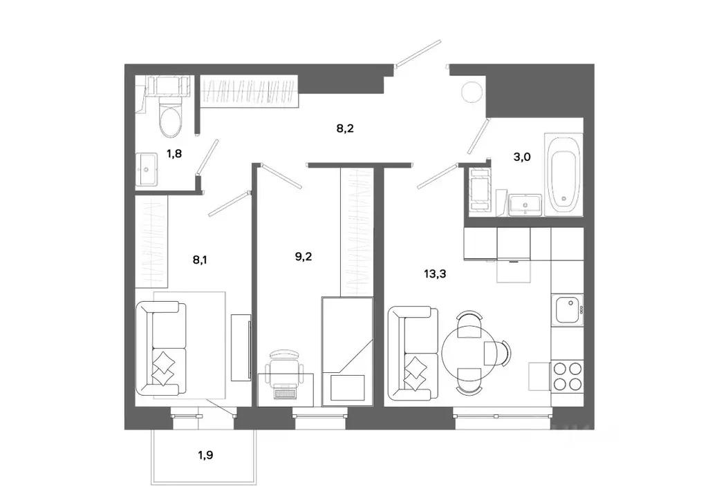 2-к кв. Ханты-Мансийский АО, Сургут 30А мкр,  (43.6 м) - Фото 0