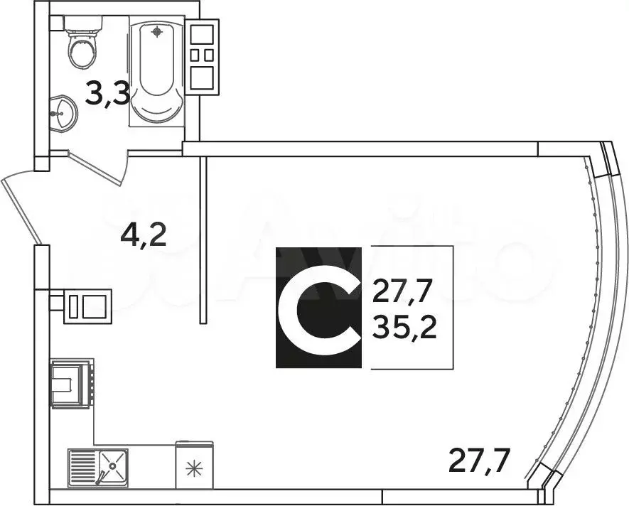 Квартира-студия, 35,2 м, 4/16 эт. - Фото 0