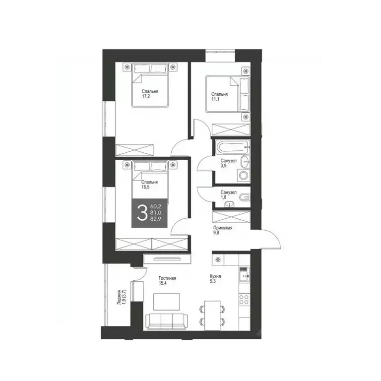 3-к кв. Татарстан, Альметьевск ул. Гафиатуллина, 60 (82.9 м) - Фото 0