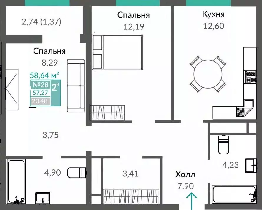 2-к кв. Крым, Симферополь просп. Александра Суворова (58.64 м) - Фото 0