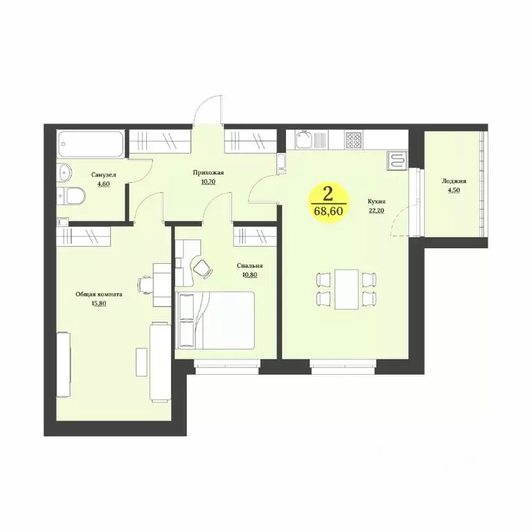 2-к кв. Ставропольский край, Ставрополь Лесная ул., 204 (68.9 м) - Фото 1