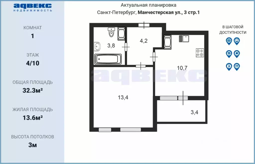 1-к кв. Санкт-Петербург Манчестерская ул., 3 (32.3 м) - Фото 0