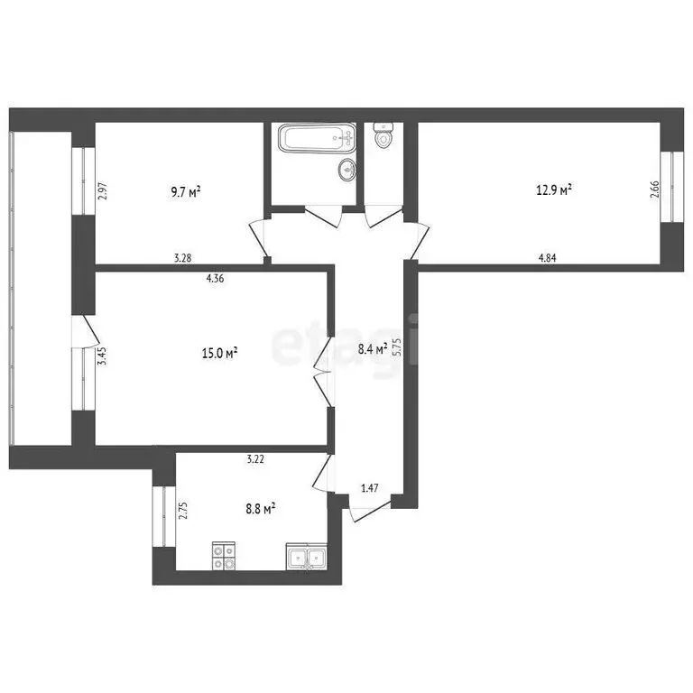 3-комнатная квартира: Тюмень, улица Червишевский Тракт, 35 (63.9 м) - Фото 1