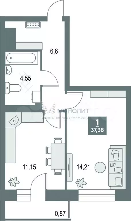 1-к. квартира, 37.4 м, 4/9 эт. - Фото 1
