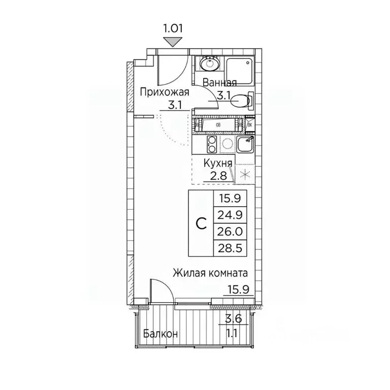 1-к кв. Приморский край, Владивосток ул. Расула Гамзатова, 7к3 (28.5 ... - Фото 1