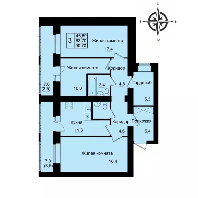 3-к кв. Кировская область, Киров Хлыновская ул., 21 (90.7 м) - Фото 1