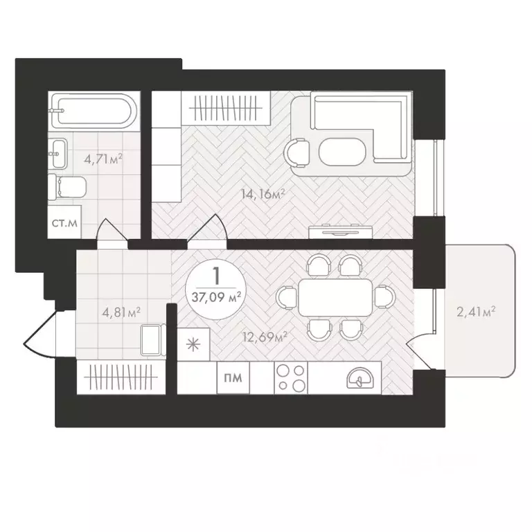 1-к кв. Башкортостан, Уфа Южный-2 мкр,  (37.09 м) - Фото 0