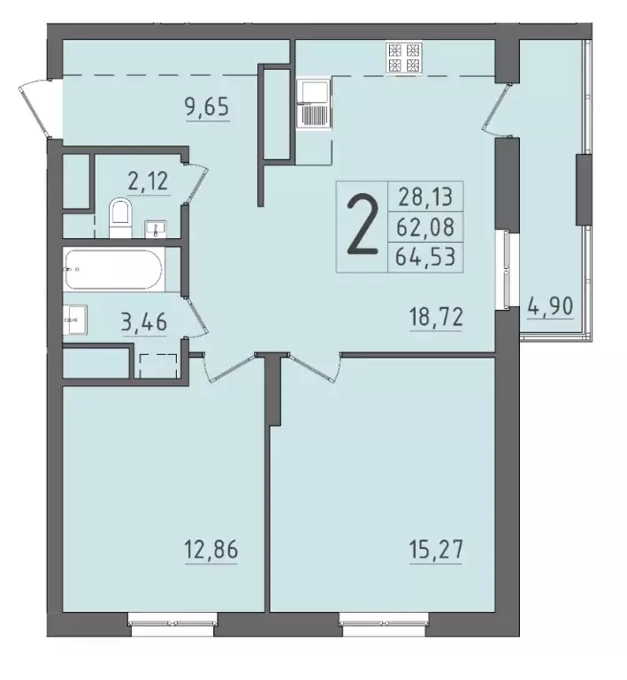 2-к квартира, 64.53 м - Фото 0