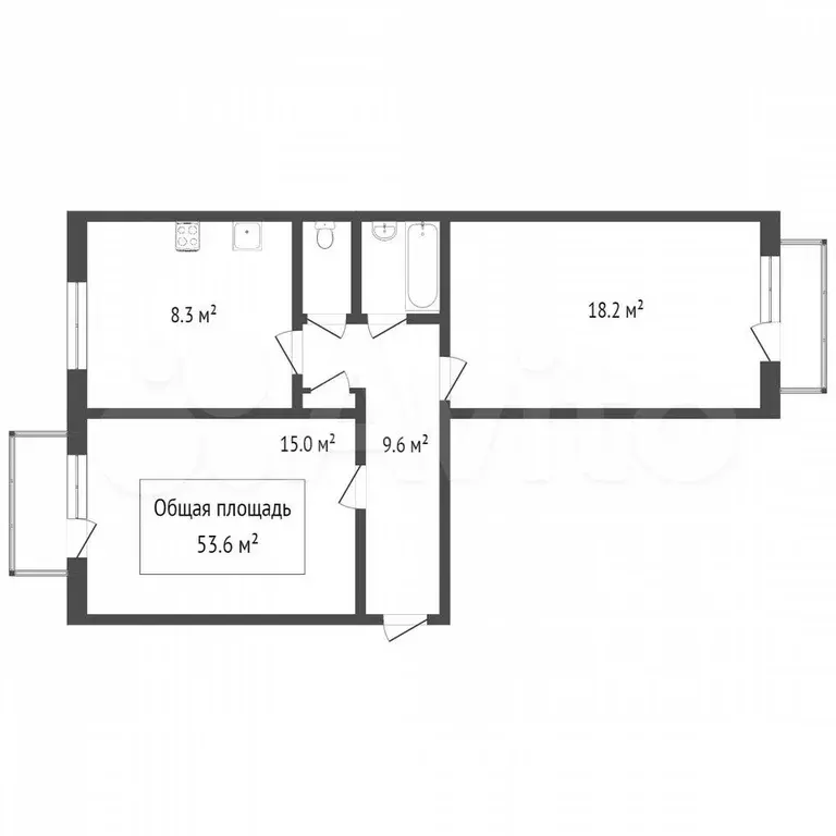 2-к. квартира, 53,6 м, 2/5 эт. - Фото 0