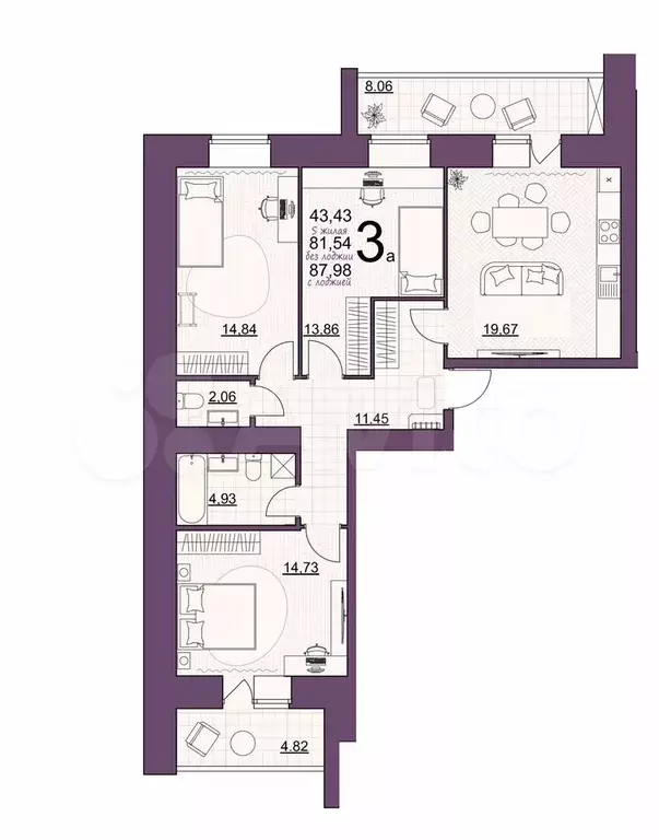 3-к. квартира, 88 м, 4/14 эт. - Фото 0