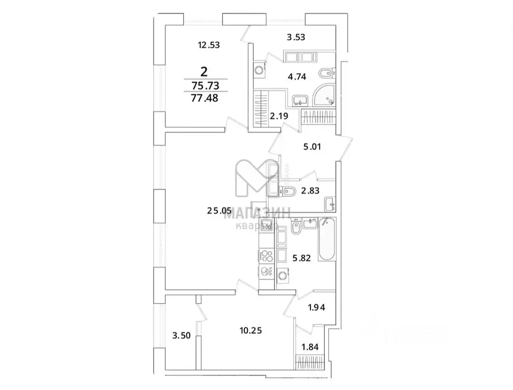 2-к кв. Санкт-Петербург просп. Маршала Блюхера, 3к2 (75.55 м) - Фото 1