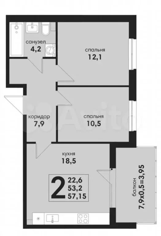 2-к. квартира, 57,2 м, 1/4 эт. - Фото 1