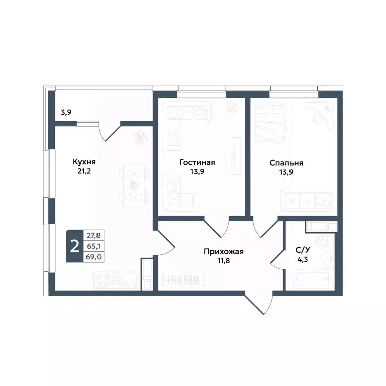 2-к кв. Ставропольский край, Ставрополь ул. Андрея Голуба, 11Б (69.0 ... - Фото 1