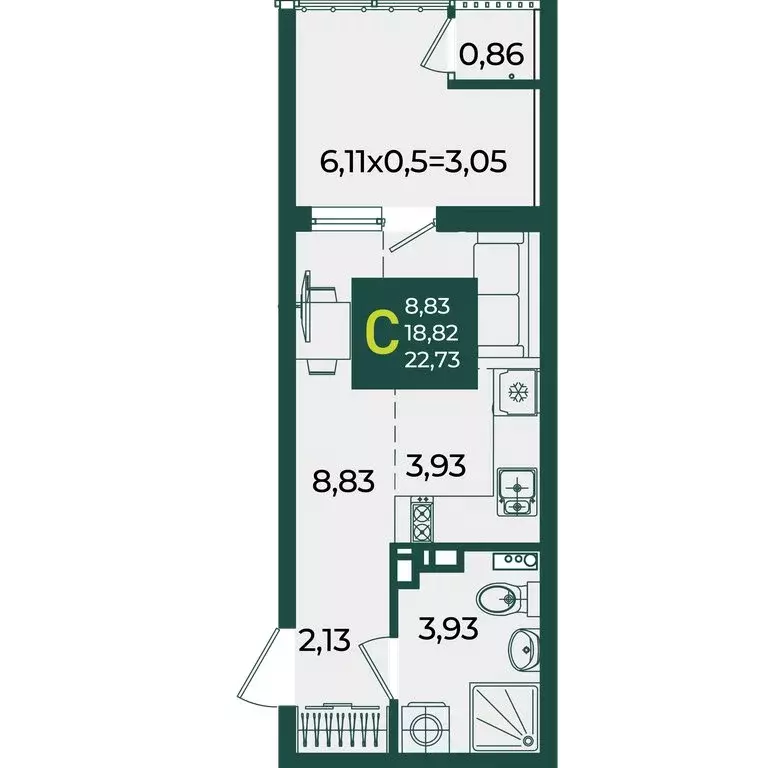 Квартира-студия: Краснодар, микрорайон Образцово (22.73 м) - Фото 1