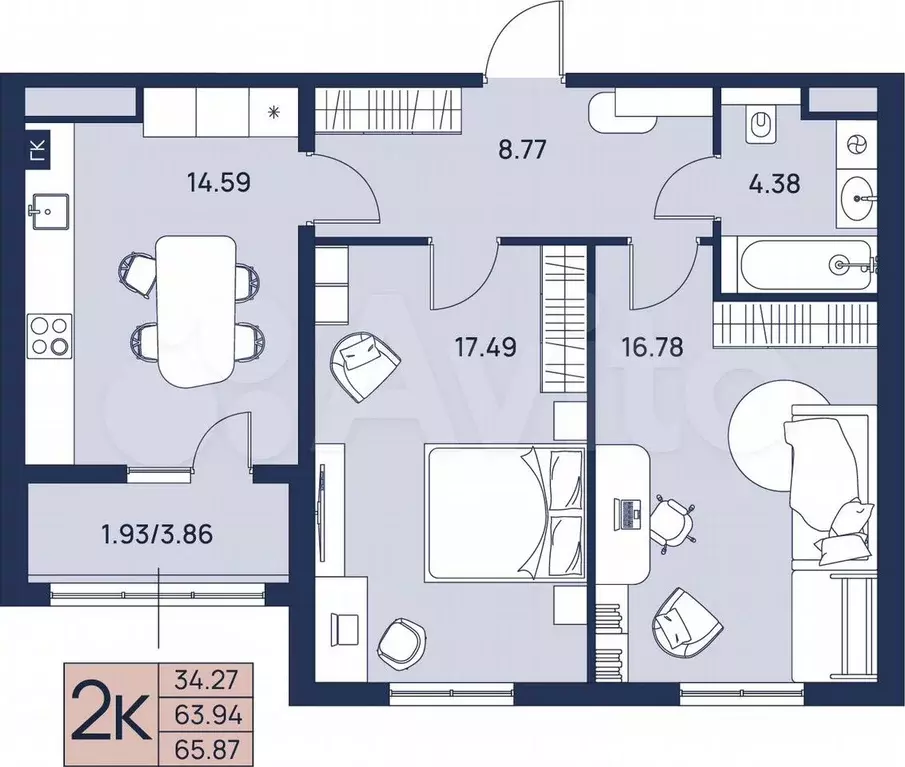 2-к. квартира, 65,9 м, 3/4 эт. - Фото 0
