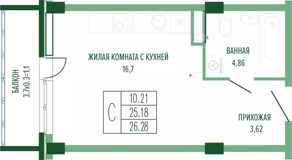 Студия Краснодарский край, Краснодар Круговая ул., 4/1к1 (27.21 м) - Фото 0