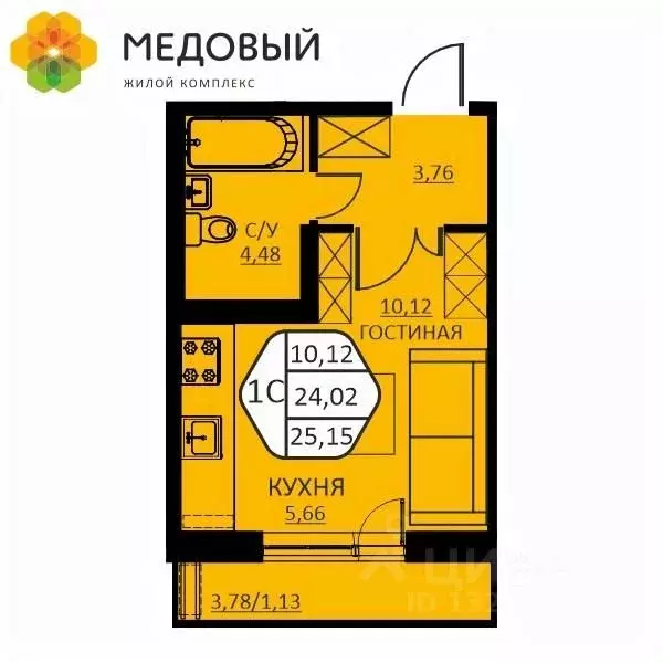 1-к кв. Пермский край, д. Кондратово ул. Н.М. Яблокова, 2 (25.15 м) - Фото 0