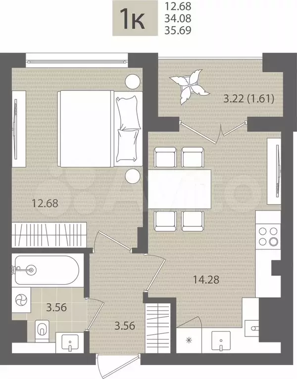 1-к. квартира, 35,7 м, 1/7 эт. - Фото 1