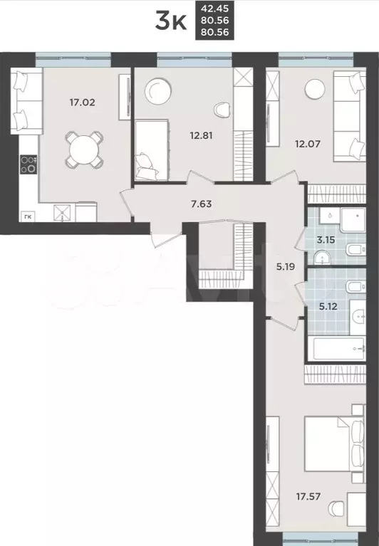 3-к. квартира, 80,6 м, 1/9 эт. - Фото 1