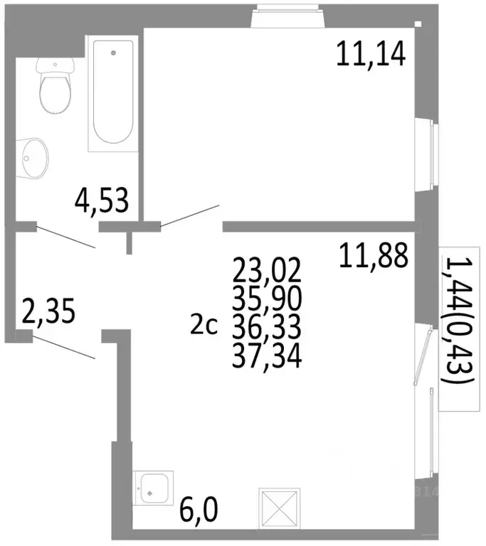 2-к кв. Челябинская область, Челябинск ул. Блюхера, 125Б (36.33 м) - Фото 0