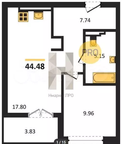 1-к. квартира, 44,5 м, 4/7 эт. - Фото 0