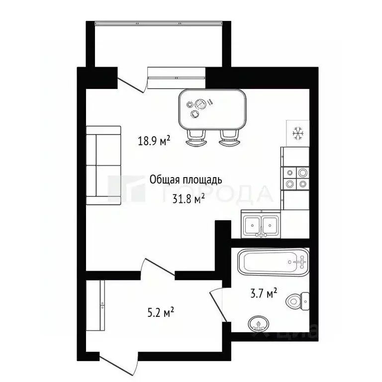 Студия Новосибирская область, Новосибирск ул. Залесского, 5 (31.8 м) - Фото 1