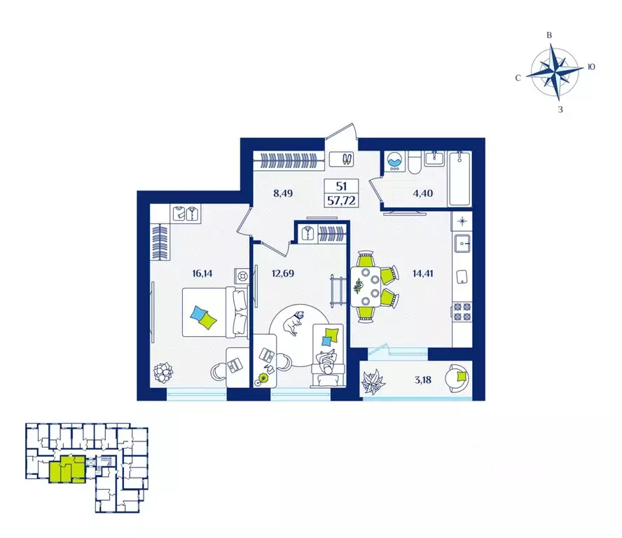 2-к кв. Калининградская область, Зеленоградск  (57.72 м) - Фото 1