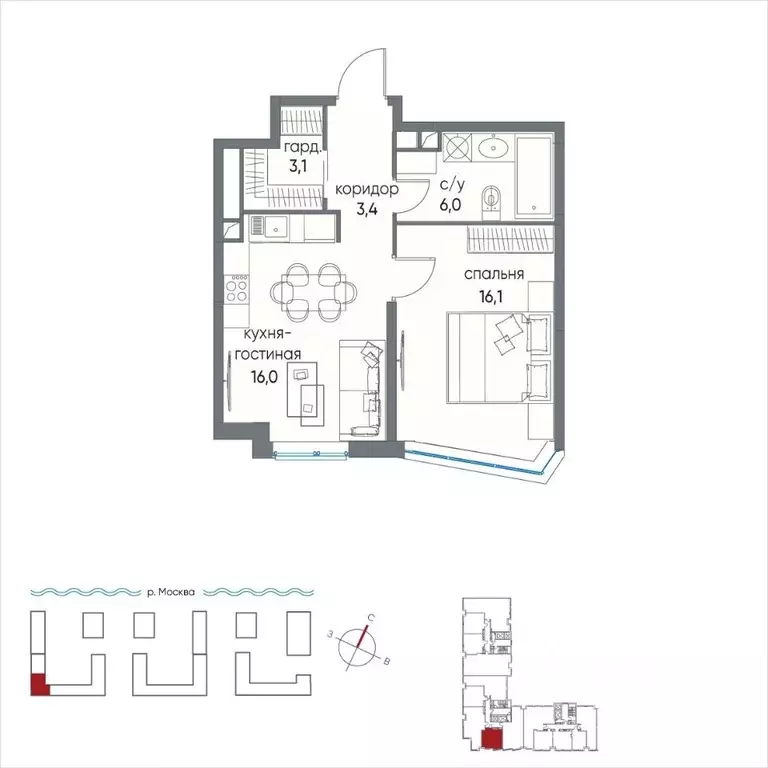 1-к кв. Москва 4-й кв-л, Остров жилой комплекс (45.0 м) - Фото 1