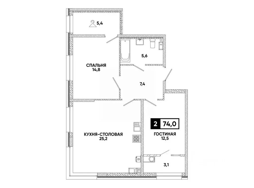 1-к кв. Ставропольский край, Ставрополь ул. Андрея Голуба, 12к8 (74.0 ... - Фото 1