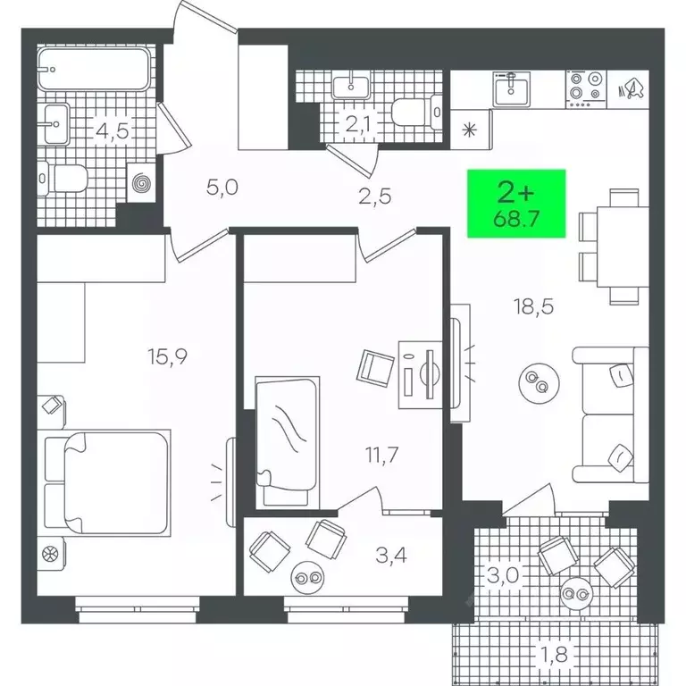 2-к кв. Тюменская область, Тюмень ул. Василия Малкова, 19 (68.78 м) - Фото 0