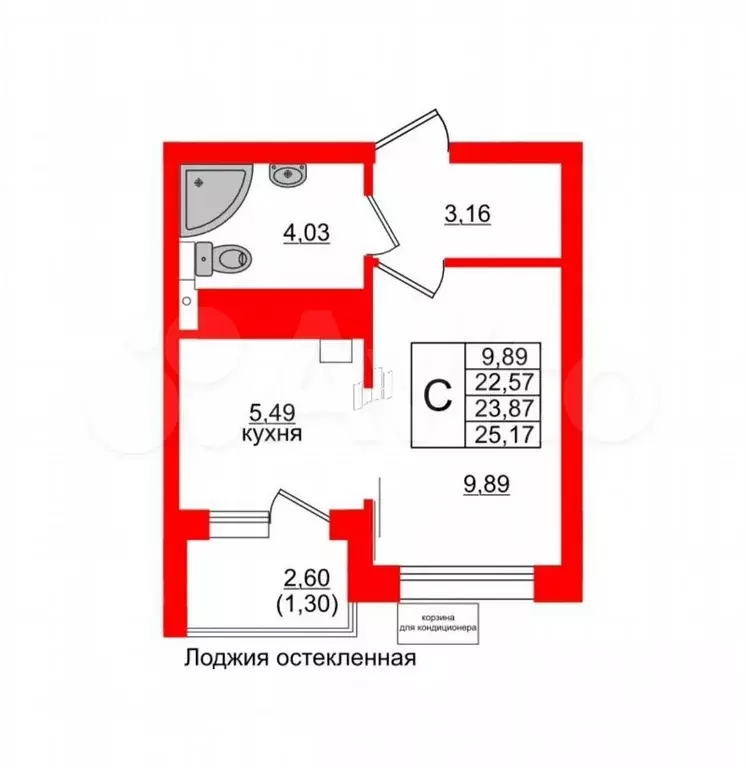 Квартира-студия, 23,9 м, 3/6 эт. - Фото 1