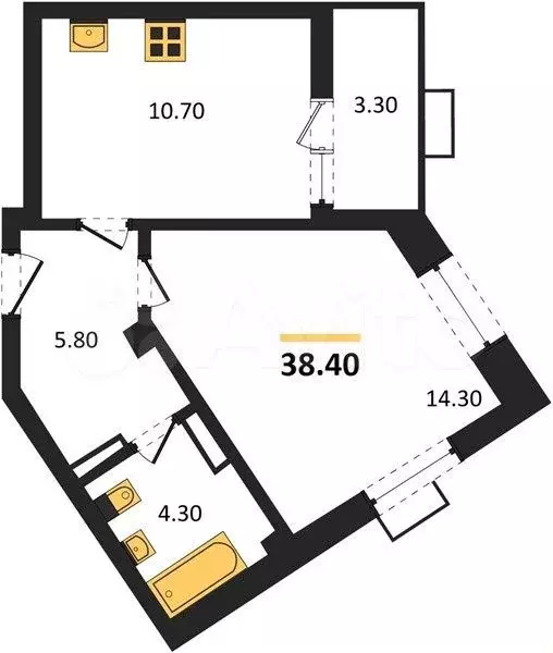 1-к. квартира, 38,4 м, 4/8 эт. - Фото 1