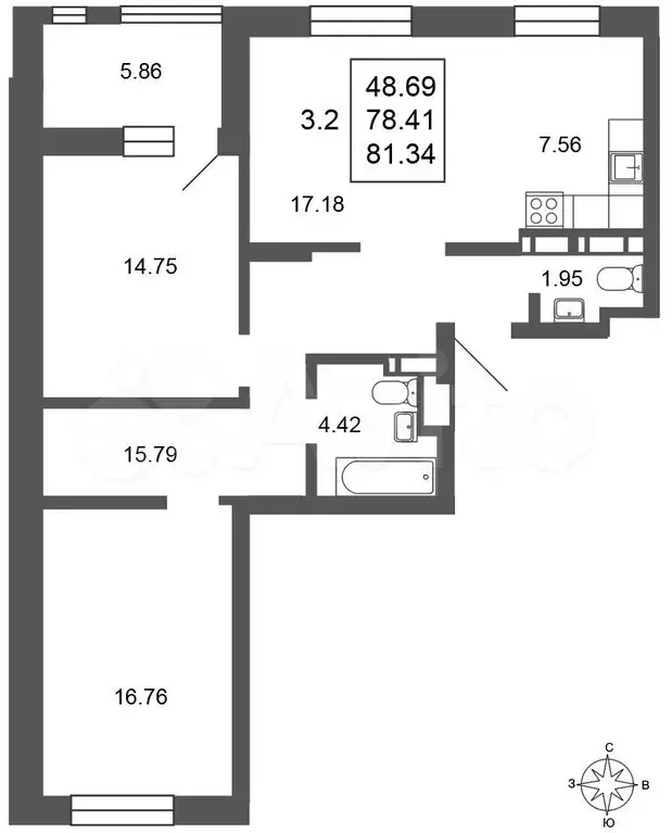 3-к. квартира, 81,1 м, 2/17 эт. - Фото 1