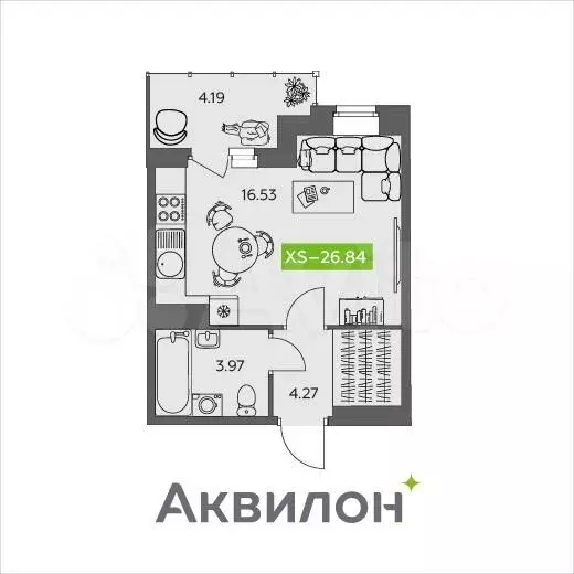 Квартира-студия, 26,8м, 8/9эт. - Фото 1